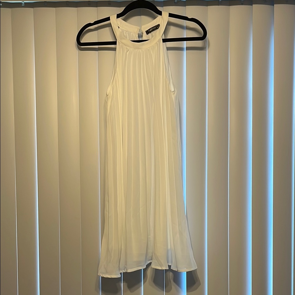 White Halter Pleated Dress
